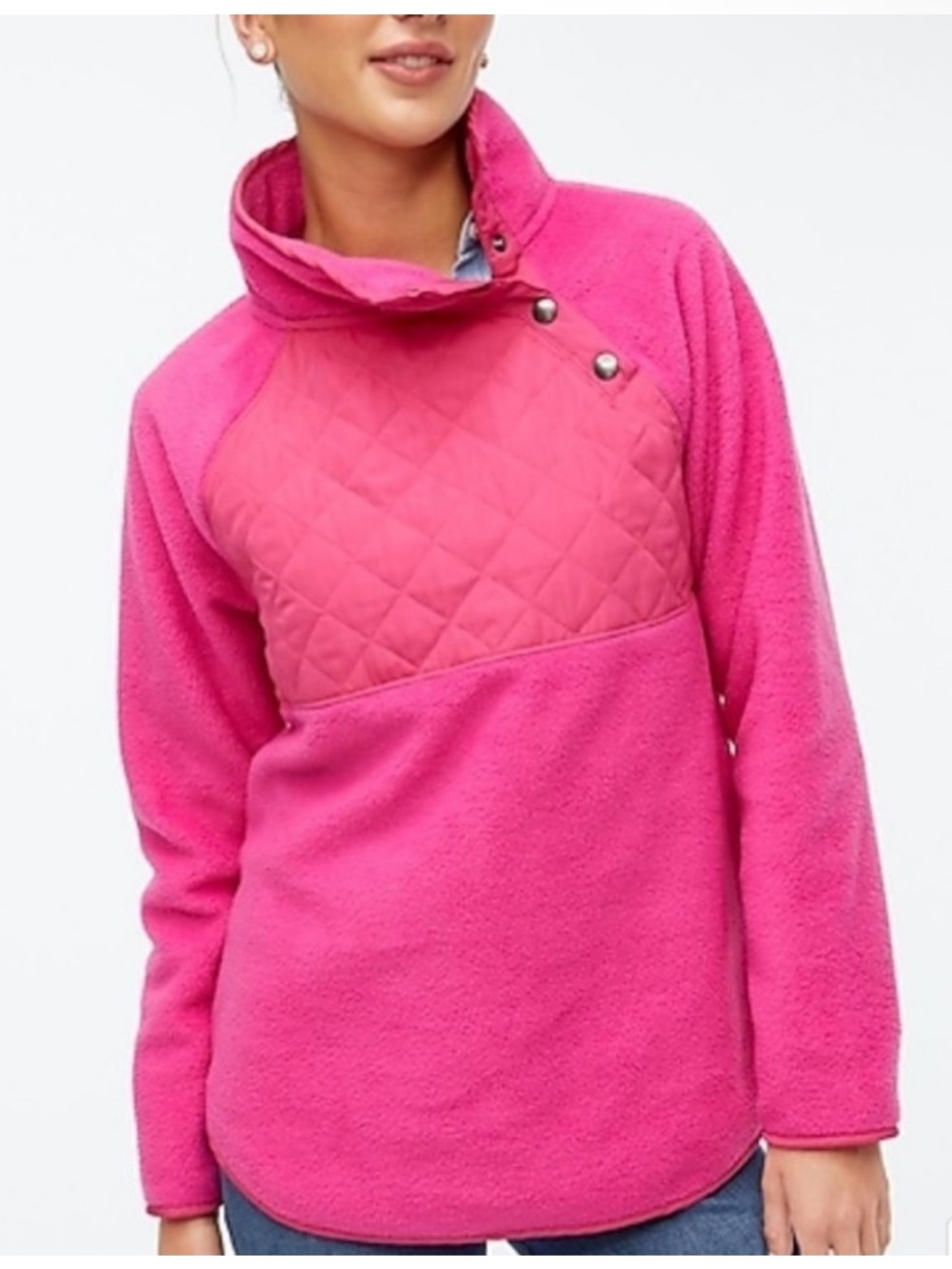 J. Crew Pink Side Snap Quilted Fleece Pullover Size Medium